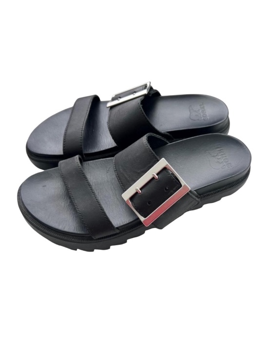Sorel Shoes - Sorel Black Leather Double-Strap Slide Sandals with Silver Buckles